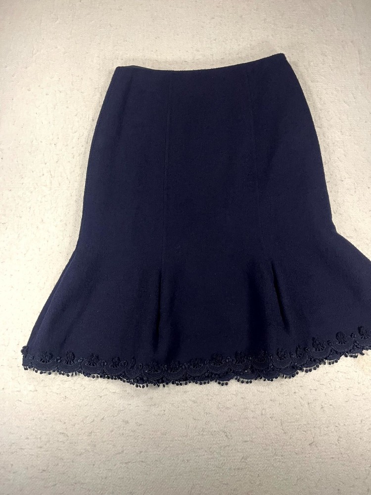 Saks Fifth Avenue Oscar De La Renta Skirt Womens 6 Navy Blue Wool Lace Flare Hem
