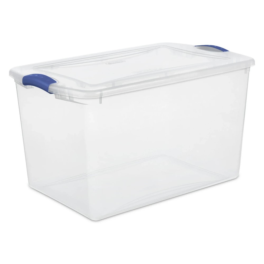 66 Quart Clear Blue Plastic Storage Bin with Secure Latch Lid