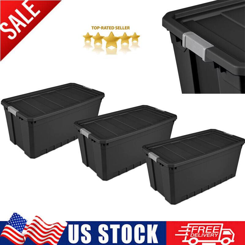 50-Gallon Heavy-Duty Stackable Plastic Storage Bins with Latches - Set of 3