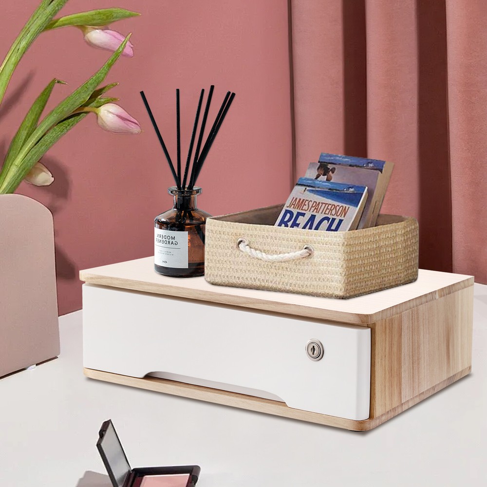Desktop Storage Box w/ Lockable Drawer Wooden Office Supplies Drawer Organizer