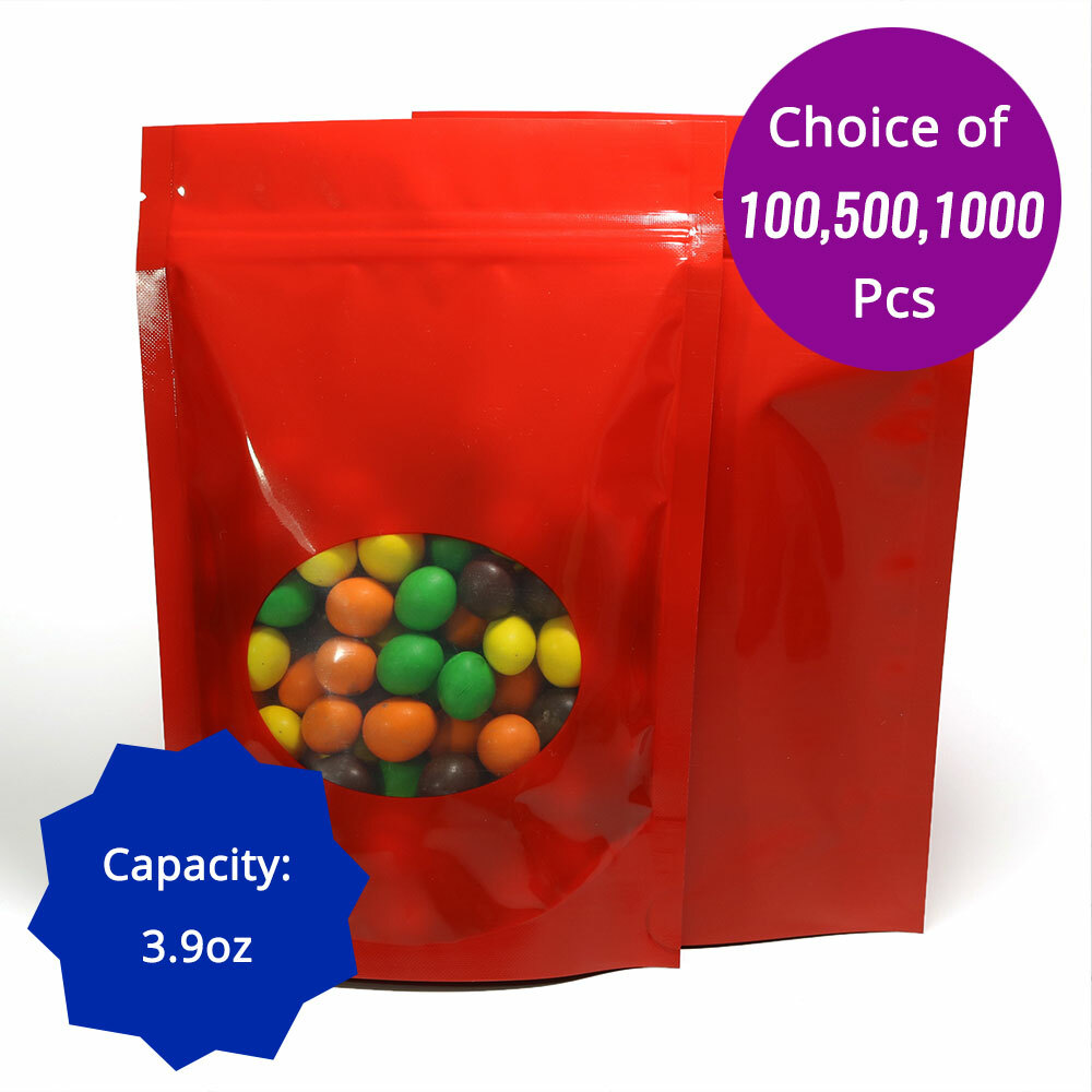 3.9oz Glossy Red Mylar Stand Up Zip Lock Bag w/ Front Round Window for Candies