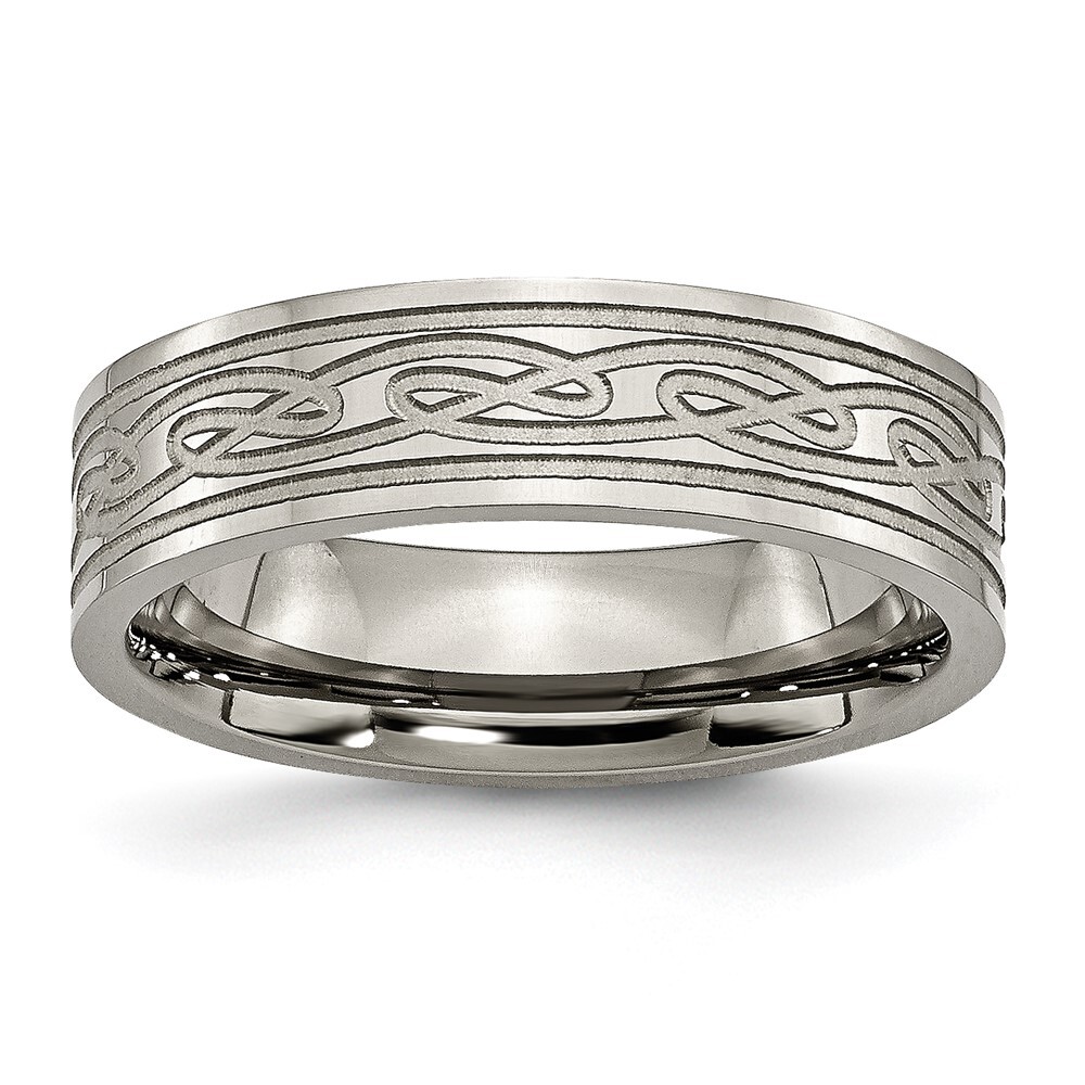 Titanium Polished Laser Etched 6mm Celtic Knot Flat Band Ring Size 7