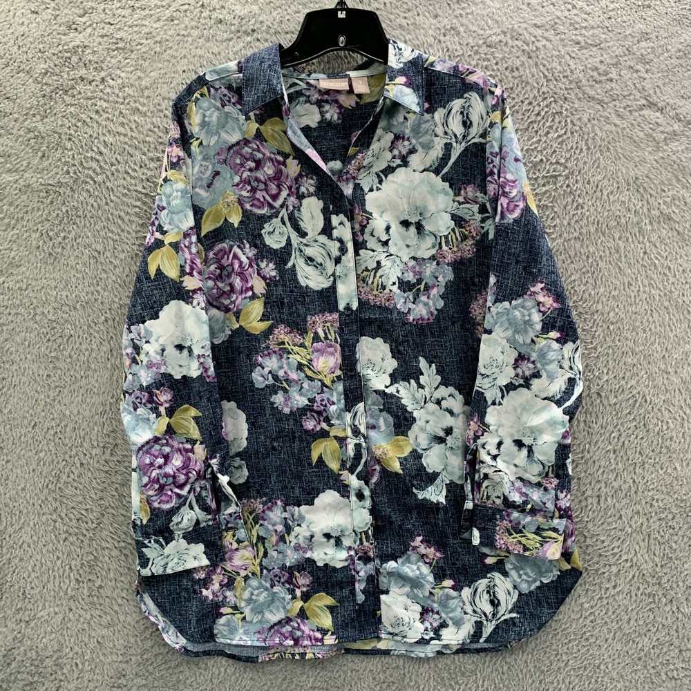 CHICOS Shirt Womens Size 1 / Medium Top Button Up Floral Art To Wear Blue