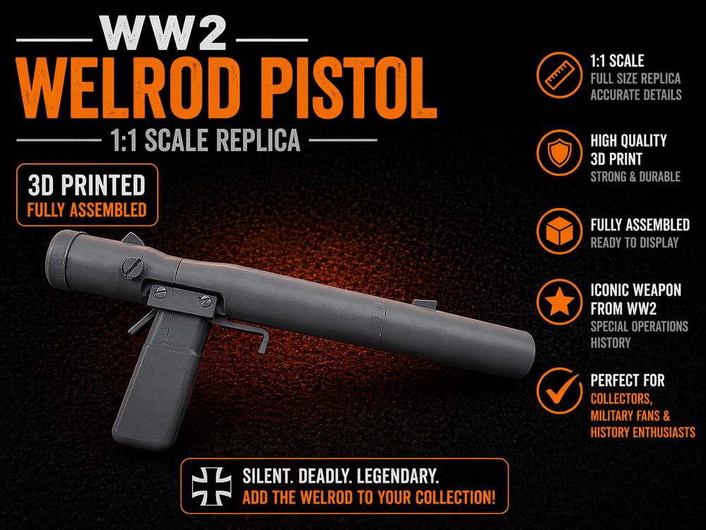 3d Printed WW2 Welrod Pistol 1:1 Scale Grey Fully Assembled