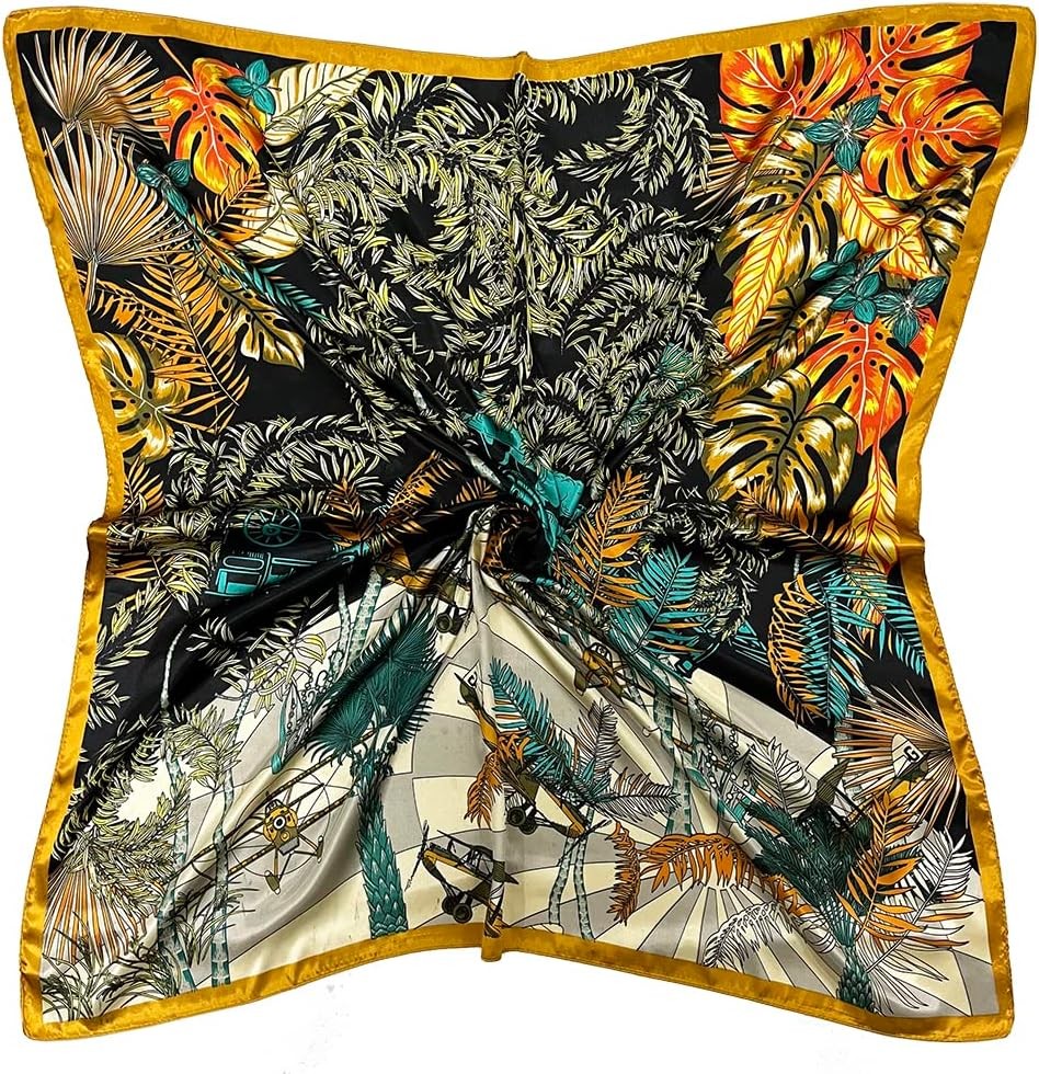 Julunar Satin Silk Head Scarf for Women Large Leaves Orange A000-1