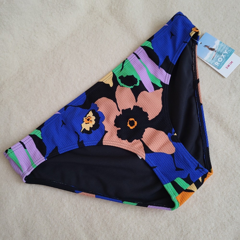 NWT Roxy Bikini Bottoms Women's Size XL Black Blue Floral Lined