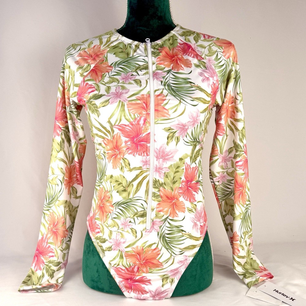 NWT Hurley swimsuit women Rushguard Long sleeve Tropical Large SUP