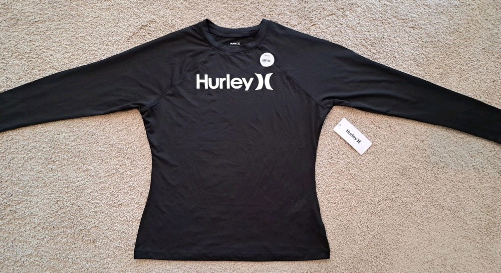Hurley Women’s Rash Guard Sz M Swim Shirt Black Long Sleeve Performance UPF 50+