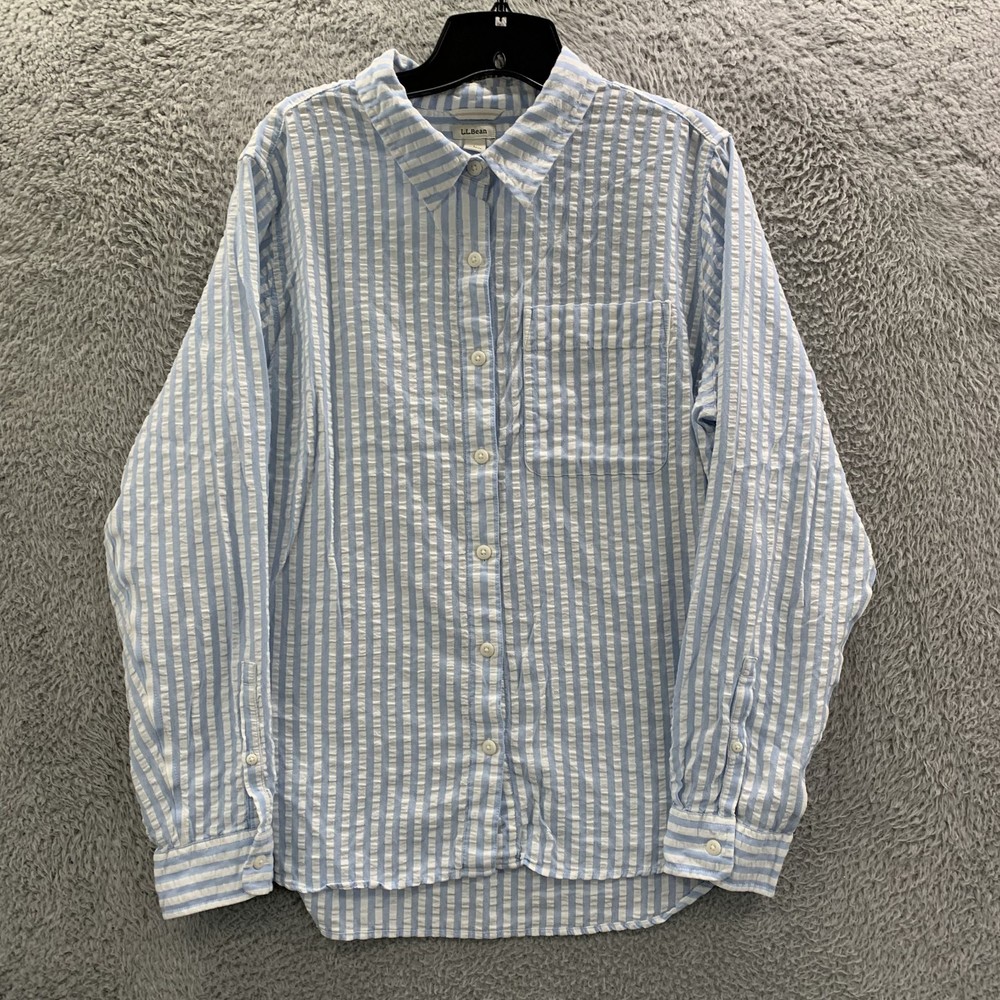 LL BEAN Shirt Womens Large Button Up Blouse Top Striped Seersucker Blue White