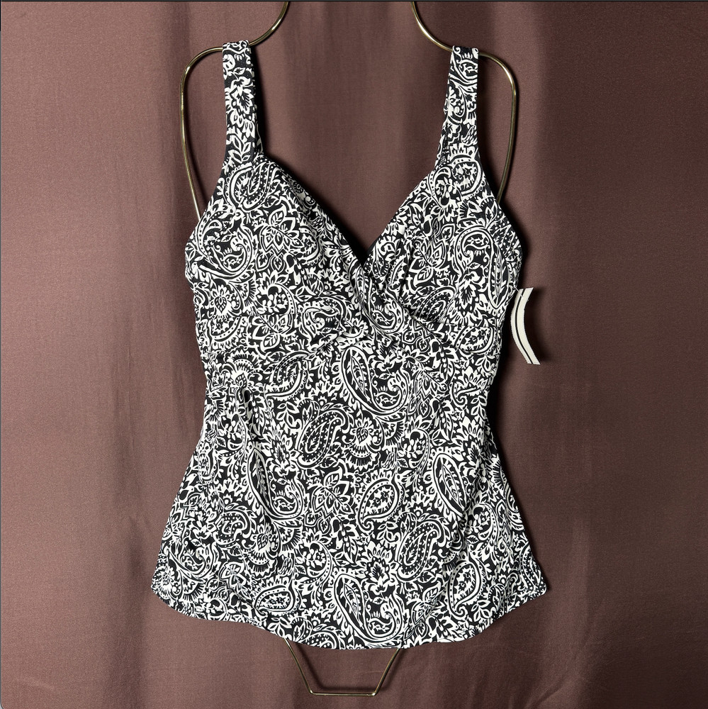 Lands' End Women's 4, 2-8 LONG V-Neck Wrap Underwire Tankini Swimsuit Top Bla