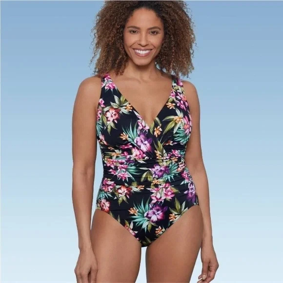 Women's UPF 50 V-Neck Ruched One Piece Swimsuit - Shape + Style by Aqua Green 6