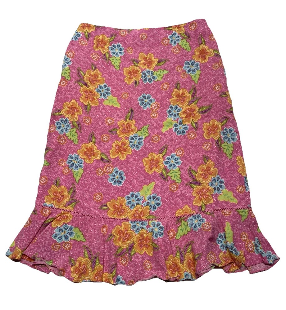 VTG Y2K Pink Hawaiian Floral Ruffle Skirt Size 10 Beach Resort Tropical Island