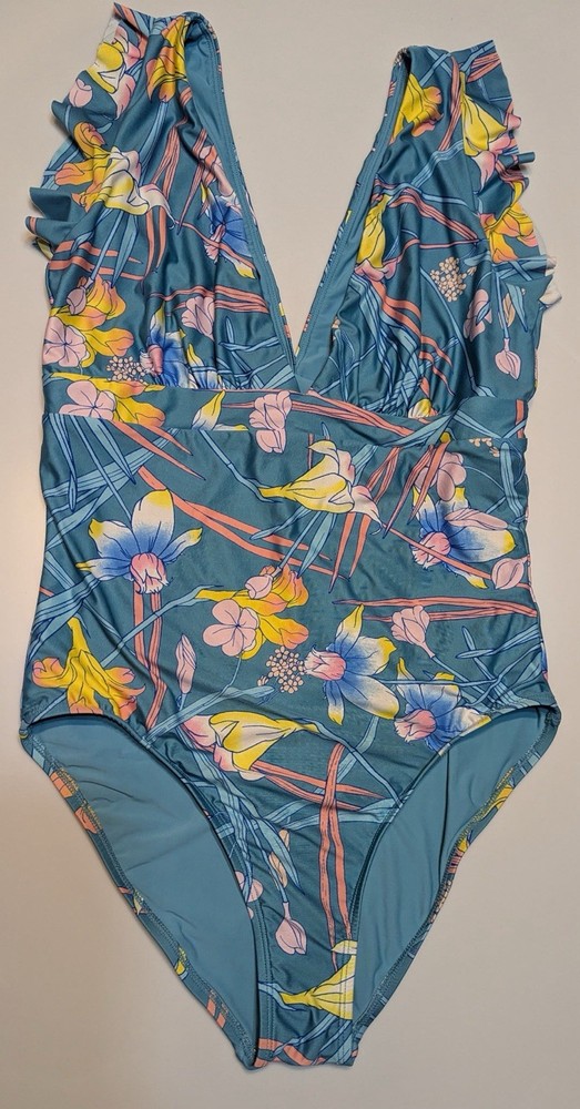 New MODCLOTH The Kelsie One Piece Swimsuit XL Floral Bathing Suit Blue Vacation