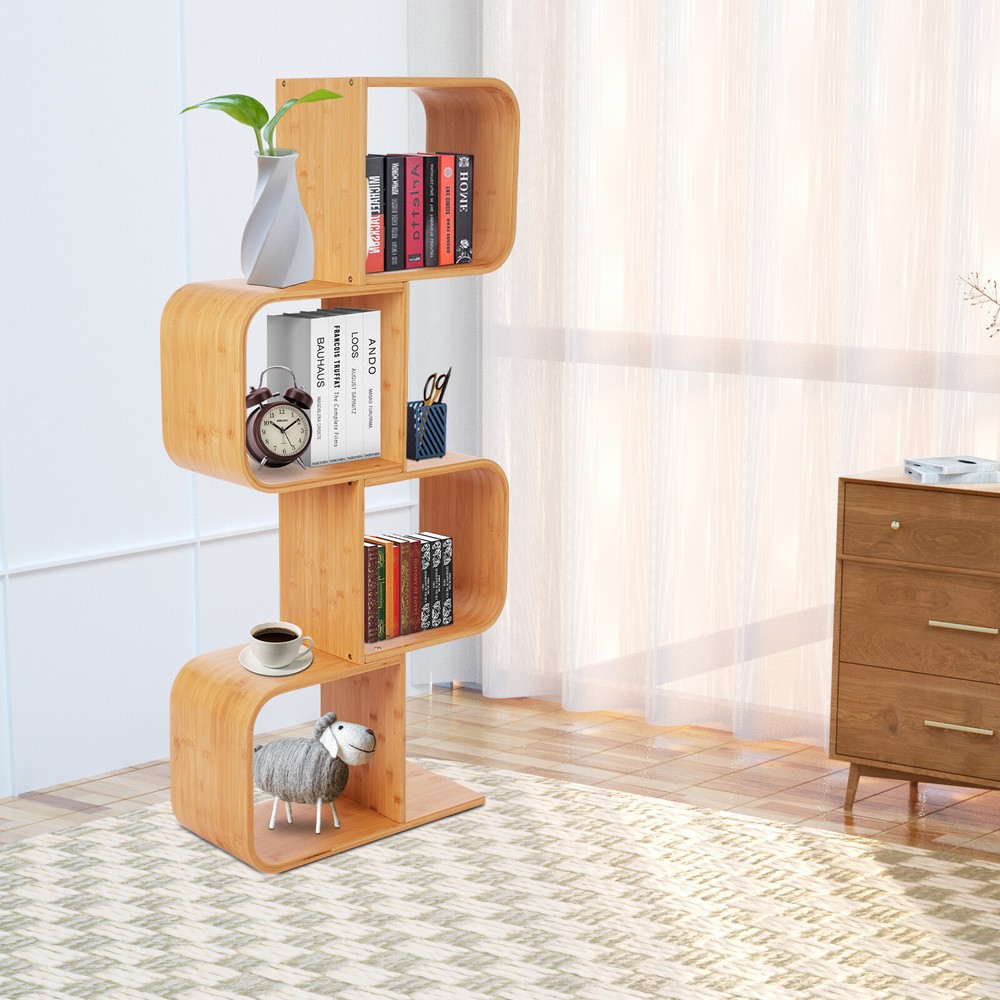 4-Tier S-Shaped Bamboo Bookcase Floor Standing Wood Tone Shelf for Any Room  