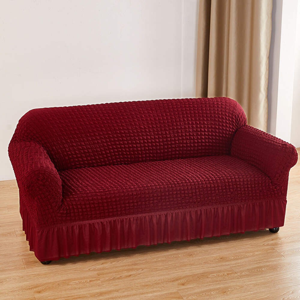 Wine Red 3-Seater Stretch Sofa Cover with Elastic Skirt in Bubble Gauze Fabric