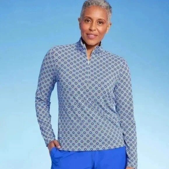 Lands' End Women's Geo Print Quarter Zip Rash Guard - Navy Blue M: UPF 50+ M