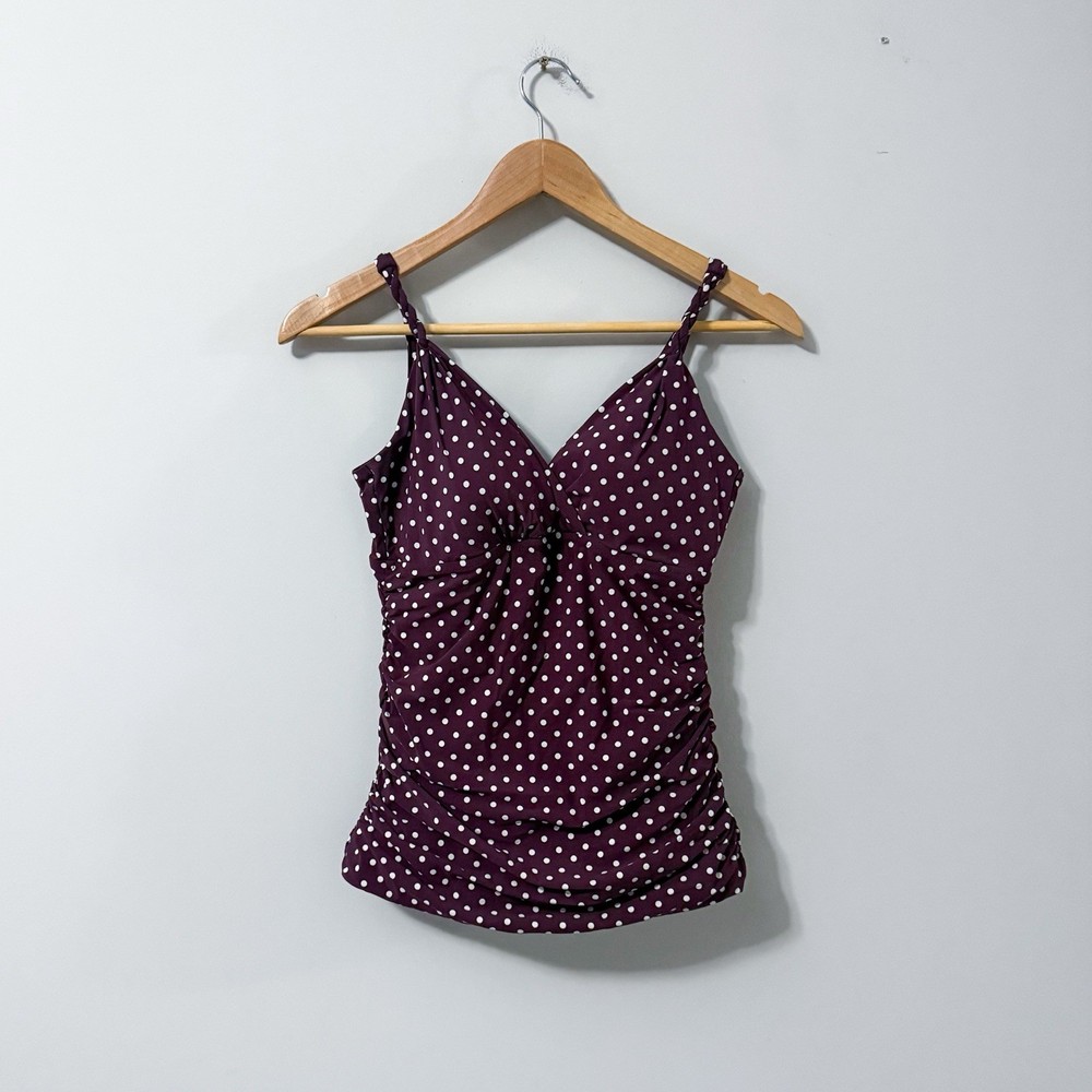 Lands End Women’s Swim Tankini Ruched, Braided Purple White Polka Dot Sz 8