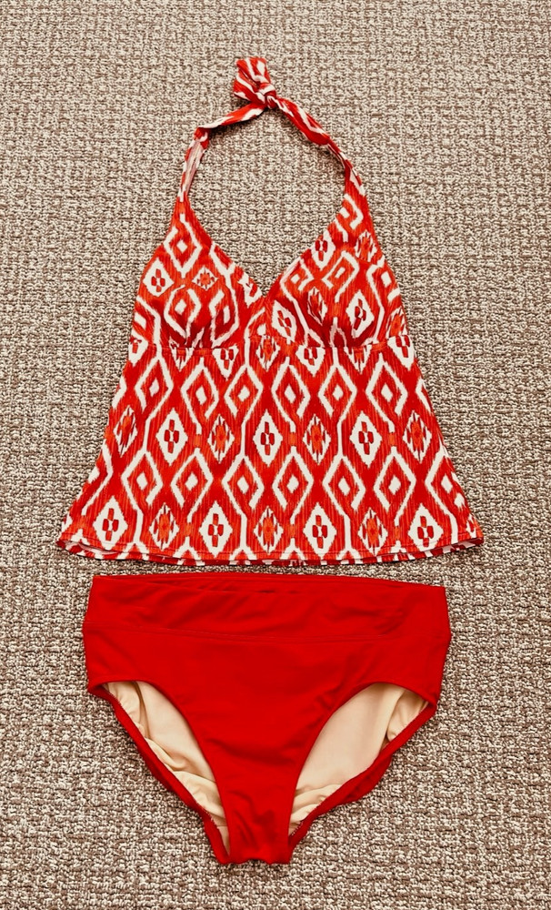 Lands' End Women's Tankini 2 pc Swim Orange White Diamonds Halter Padded Size 8