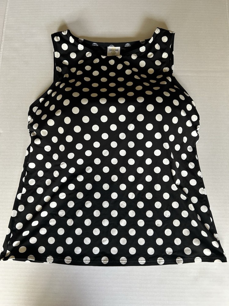 Lands' End Tankini Swim Top Women 12DD Built In Bra Black/White Polka Dot Modest