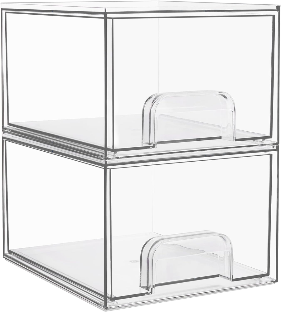 2 Pack Clear Stackable Storage Drawers, 4.4'' Tall Acrylic Bathroom Makeup Organ