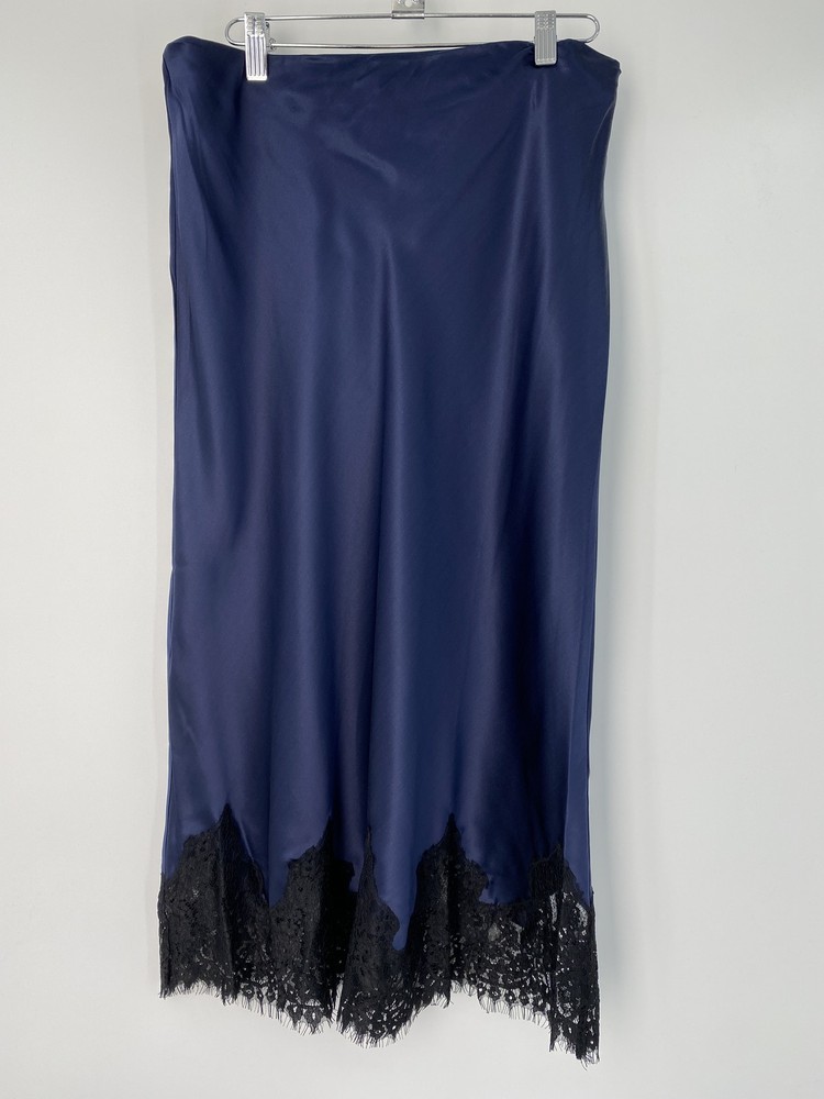 Reformation Womens Midi Skirt Navy Blue Size L Carolina Lace Hem Silk Pull On