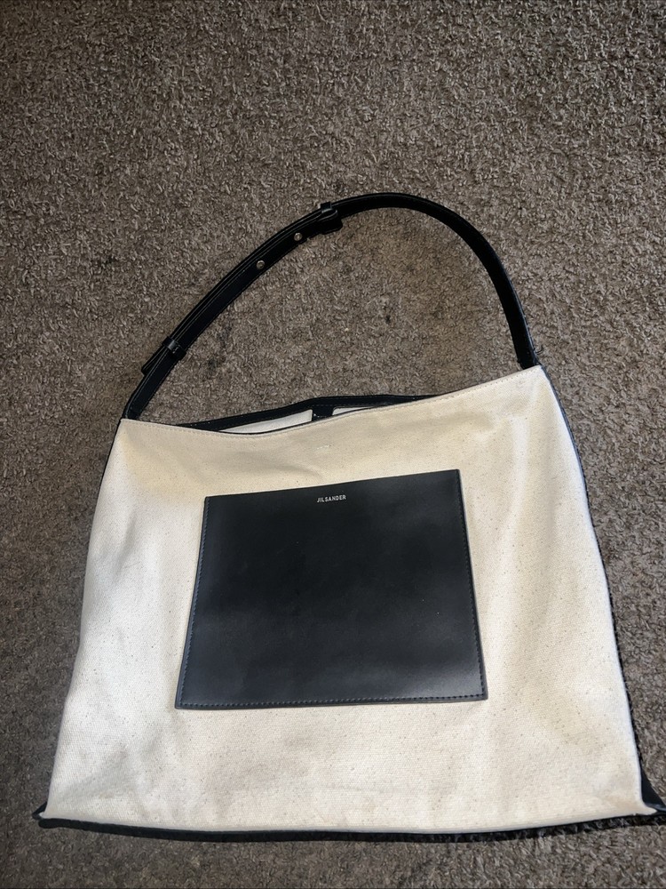 jil sander medium leather trim canvas shoulder bag