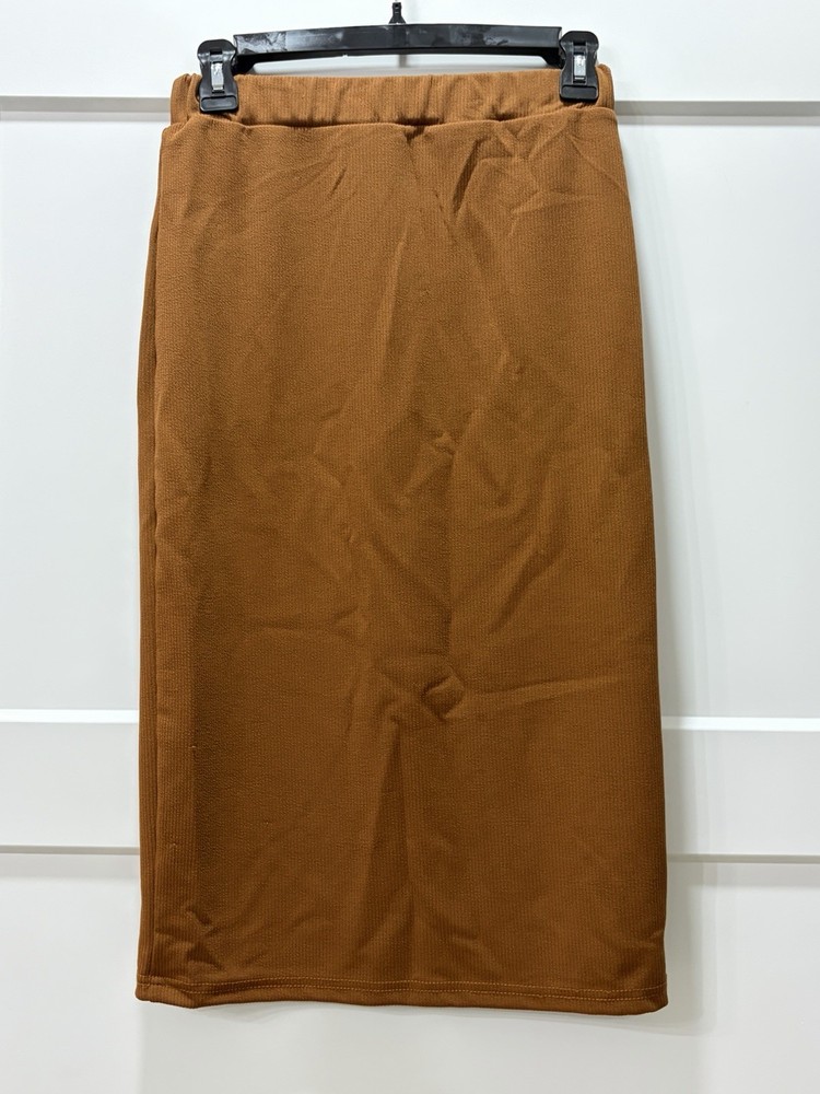 Brown Ribbed Knit Stretch Midi Pencil Skirt Elastic Waist Size M