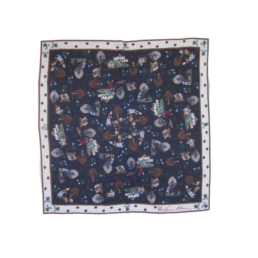 ANNE KLEIN Navy Blue Square Scarf w/ Peasant People Print