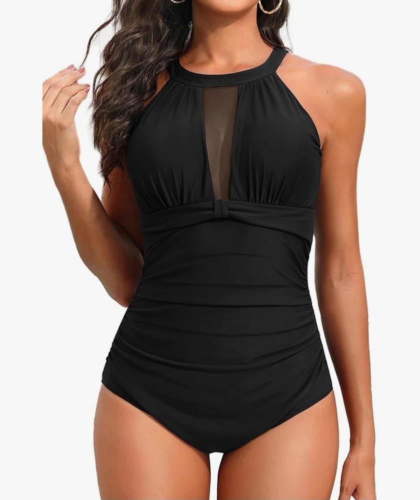 Tempt Me Women’s One-Piece Swimsuit High Neck Plunge – Size Large, Black