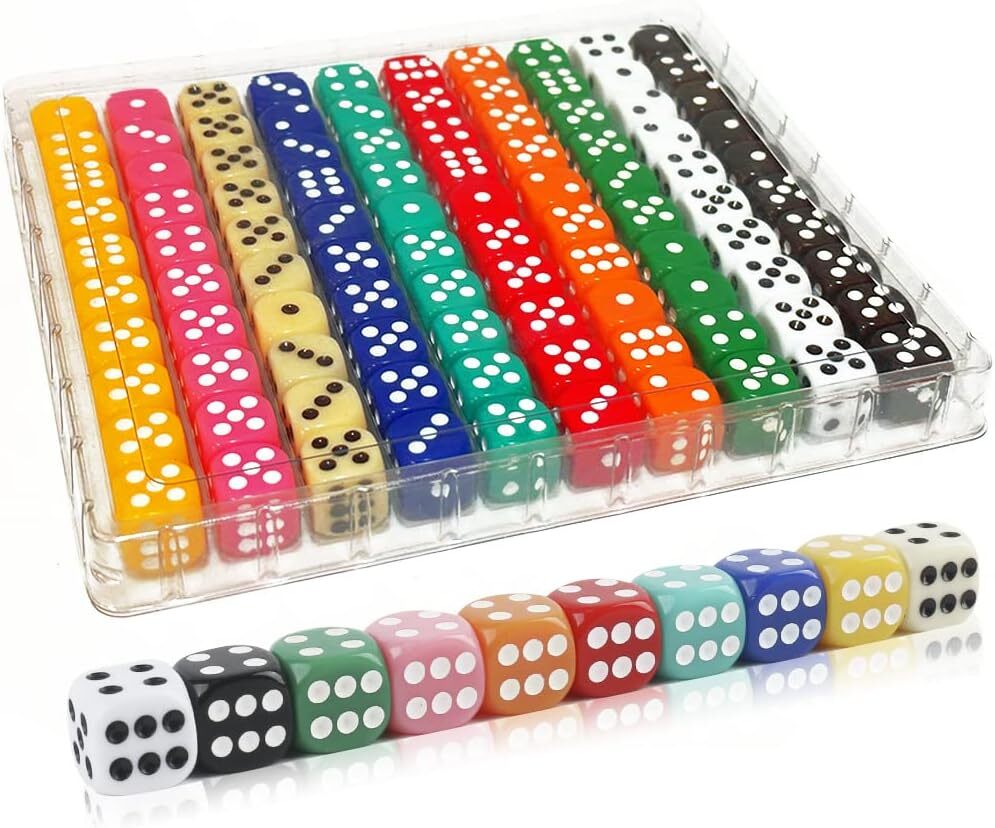 100 Pieces 16MM Dice Set, 6 Sided Standard Colored Dices with Portable Plastic B