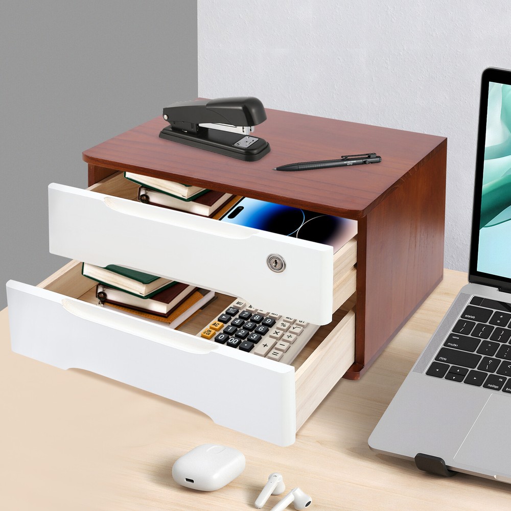 2 Tiers Desktop Storage Cabinet Drawers Wooden Tabletop Organizer Box Lockable
