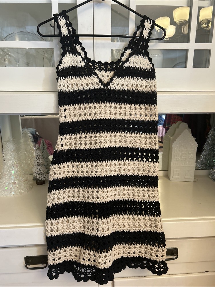 Crocheted, Boho Black And Cream Stripe Dress/Cover-Up  Size S