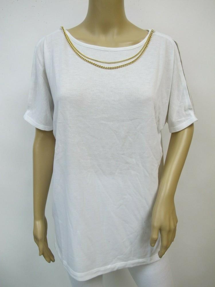 Carson Kressley Short Sleeve Gold Chain Necklace Cold Shoulder Top Size S~1X-image