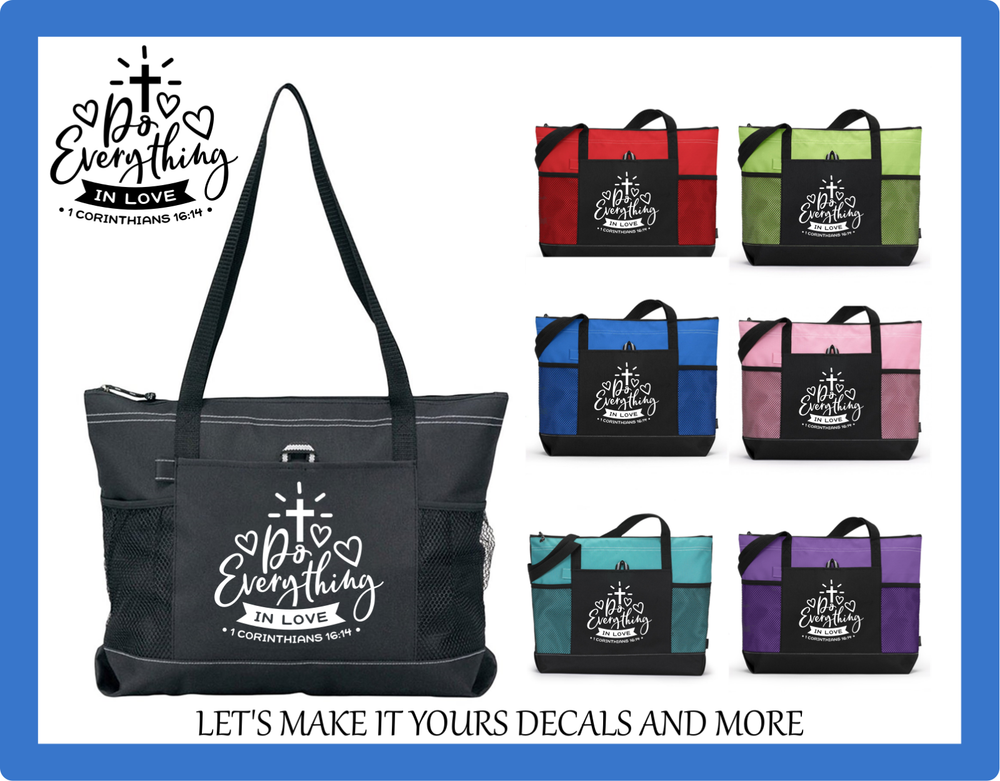 DO EVERYTHING IN LOVE RELIGIOUS BIBLE VERSE CUSTOM TOTE BAG PURSE CROSS HEARTS