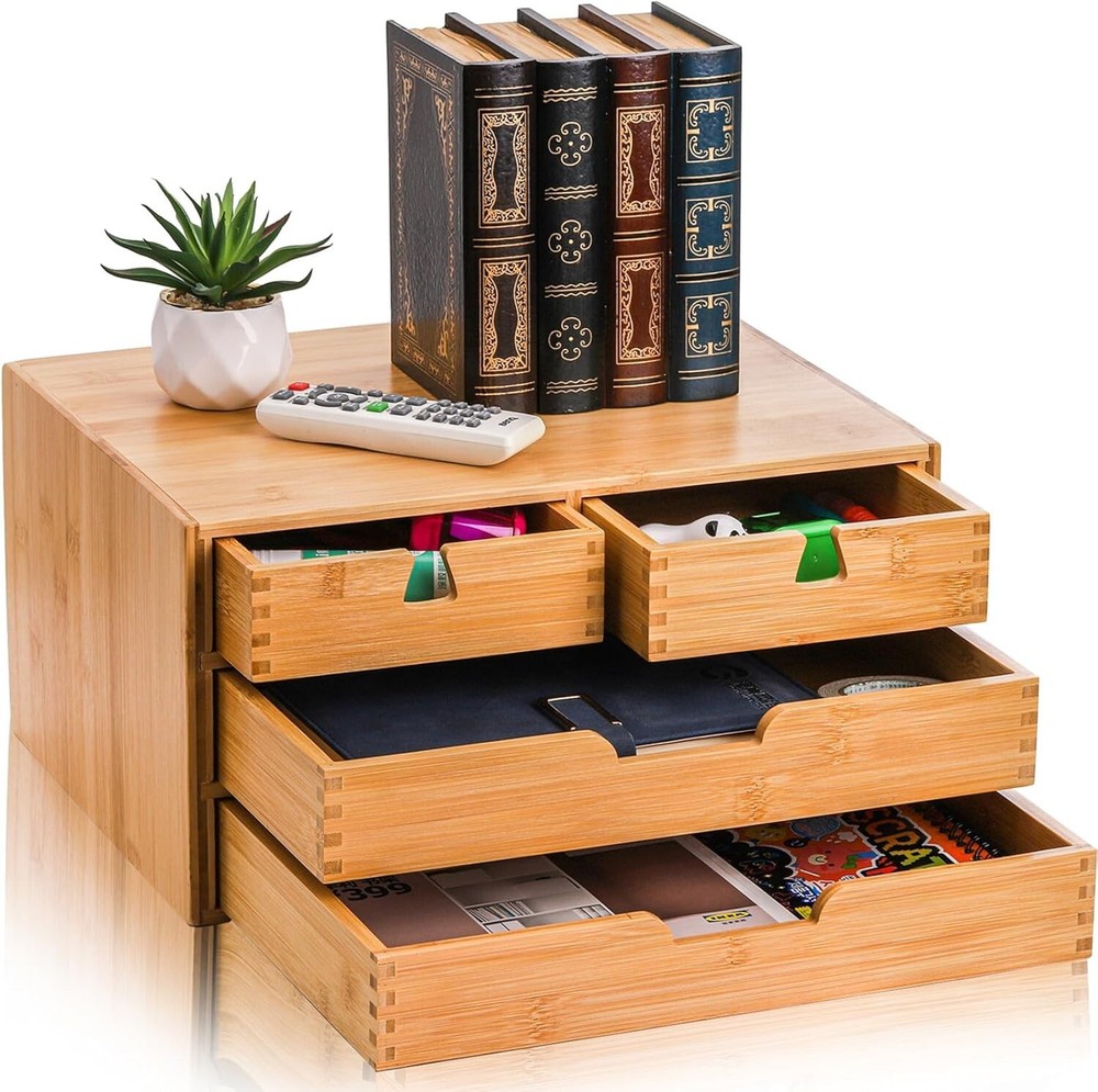 Bamboo Storage Cabinet Box with 4 Drawers for Organizing Letters Office Supplies and 3-Layer Shelving Unit for Home or Office Organization
