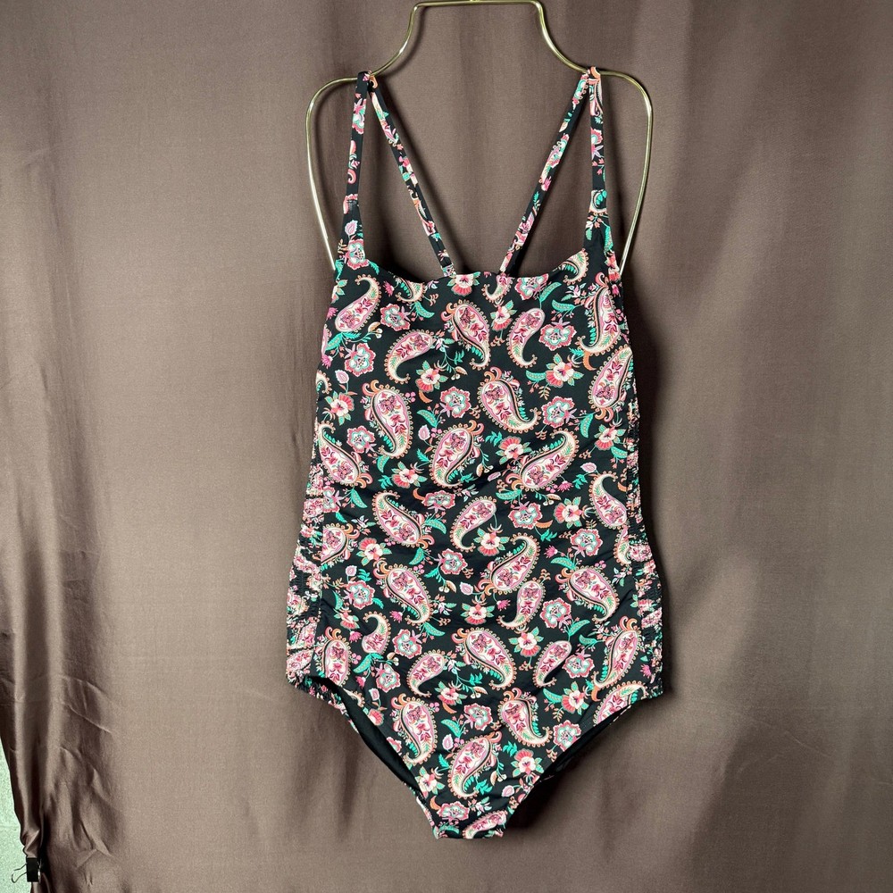 Lands' End Women's L LONG Smocked One Piece Square Neck Swimsuit Adjustable Stra