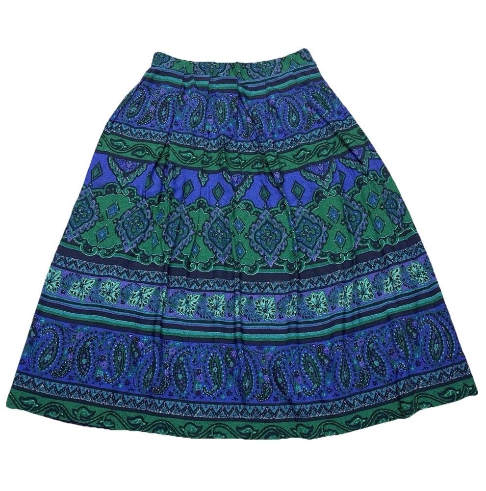 VTG Purple Green Paisley Floral Skirt Sz 14 Boho Hippie Cottage Gypsy Festival