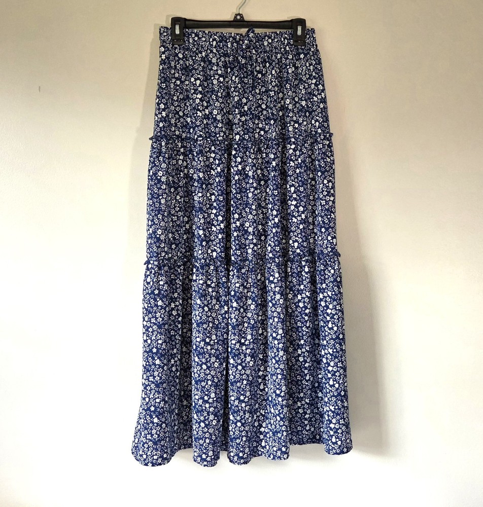 Boho Floral Tiered Ruffle Flowy Maxi Skirt Size M Cottagecore Fairy Prairie