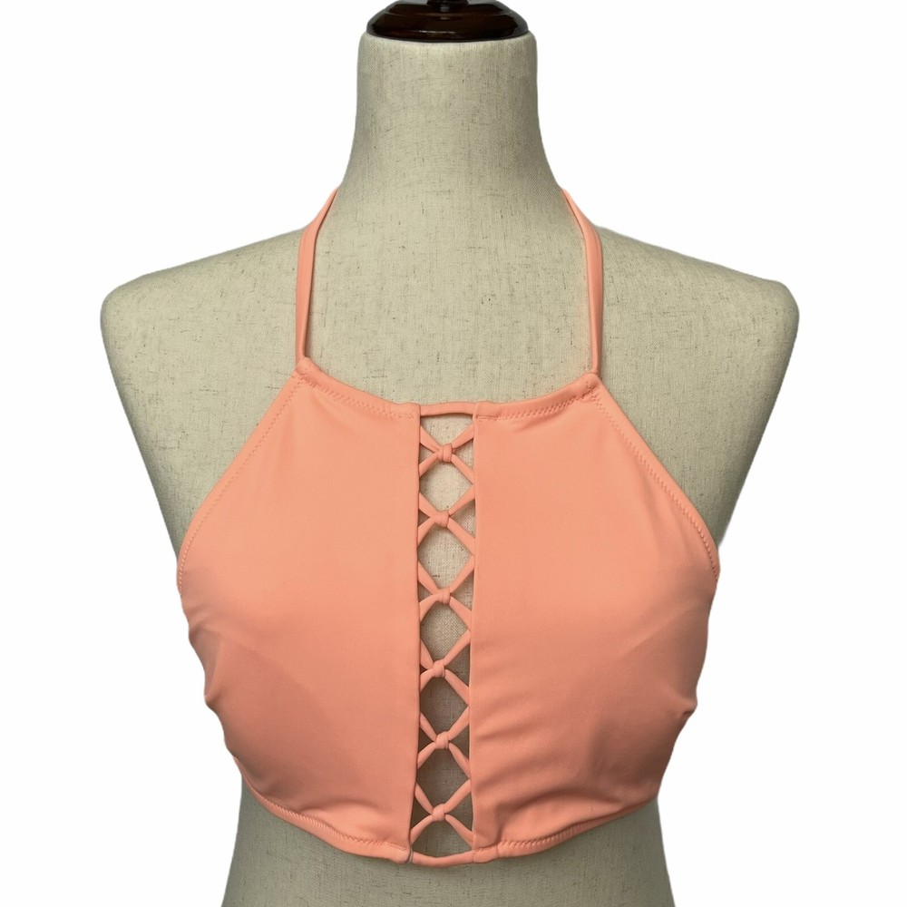 PINK Victoria Secret Swim Top Sz Small S C75 (34C) Peach Halter Strap Back Tie