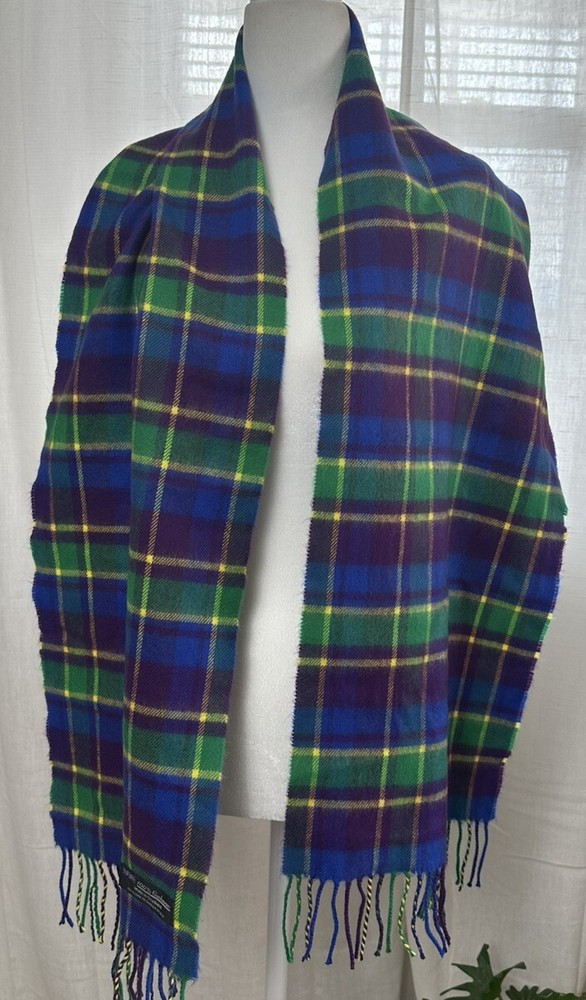 Cashmere Scarf- Made In Scotland Bright Blue/Purple/Green/Yellow Plaid W/ Fringe