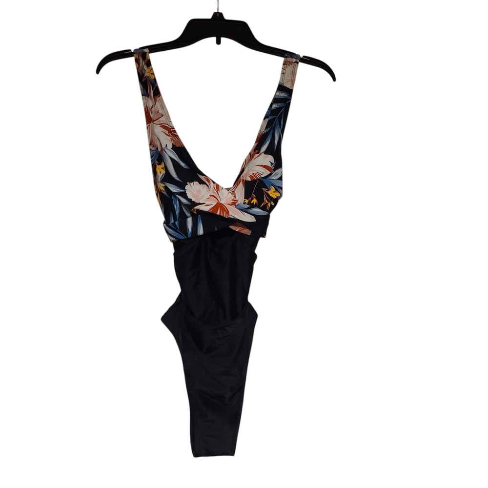 CUPSHE Black Multi Floral Cut Out Tummy Control One Piece Swimsuit -Medium *NWT*