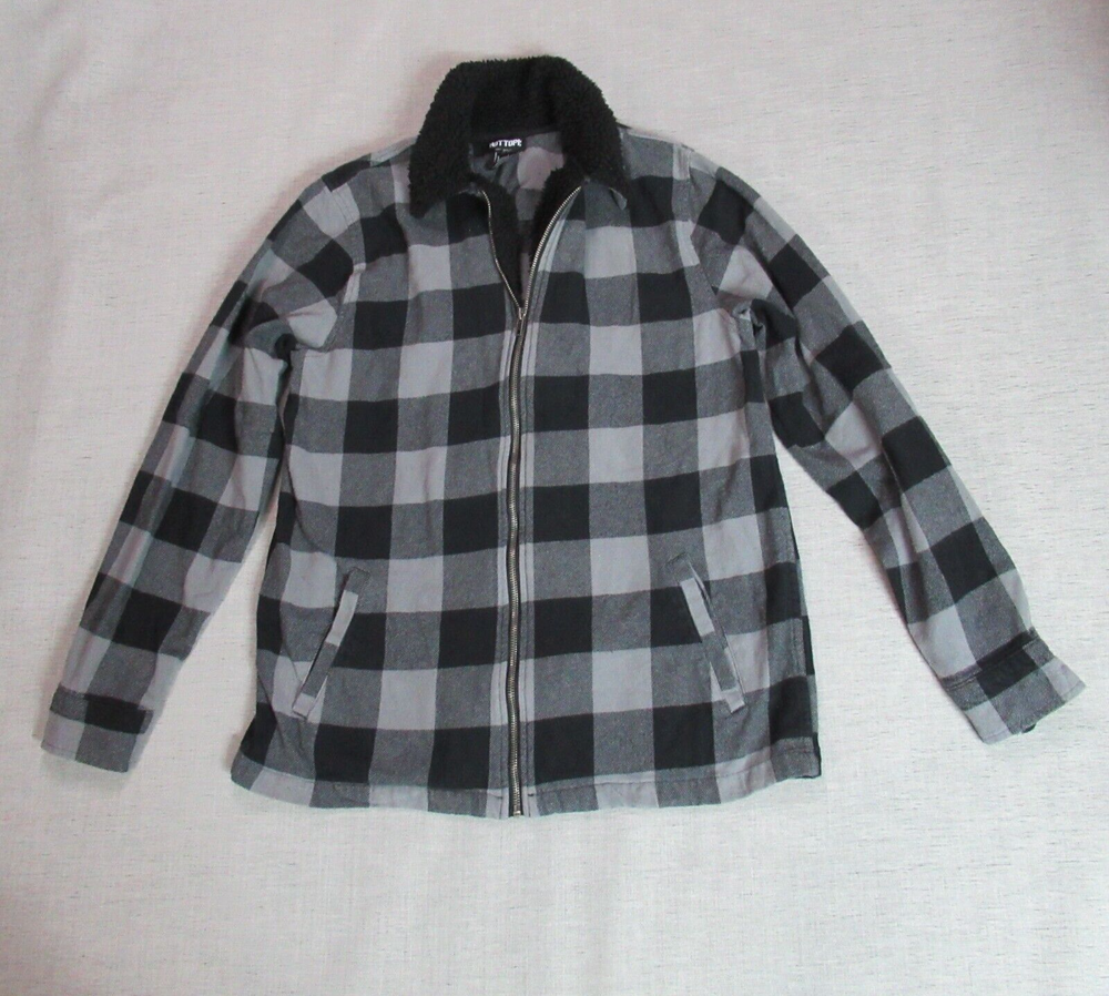 Hot Topic Black Gray Sherpa Plaid Flannel Shacket with Zip Up Collar-image