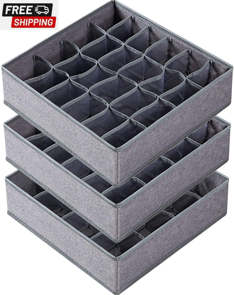 Criusia 3-Pack 64-Cell Foldable Fabric Sock Underwear Drawer Organizer