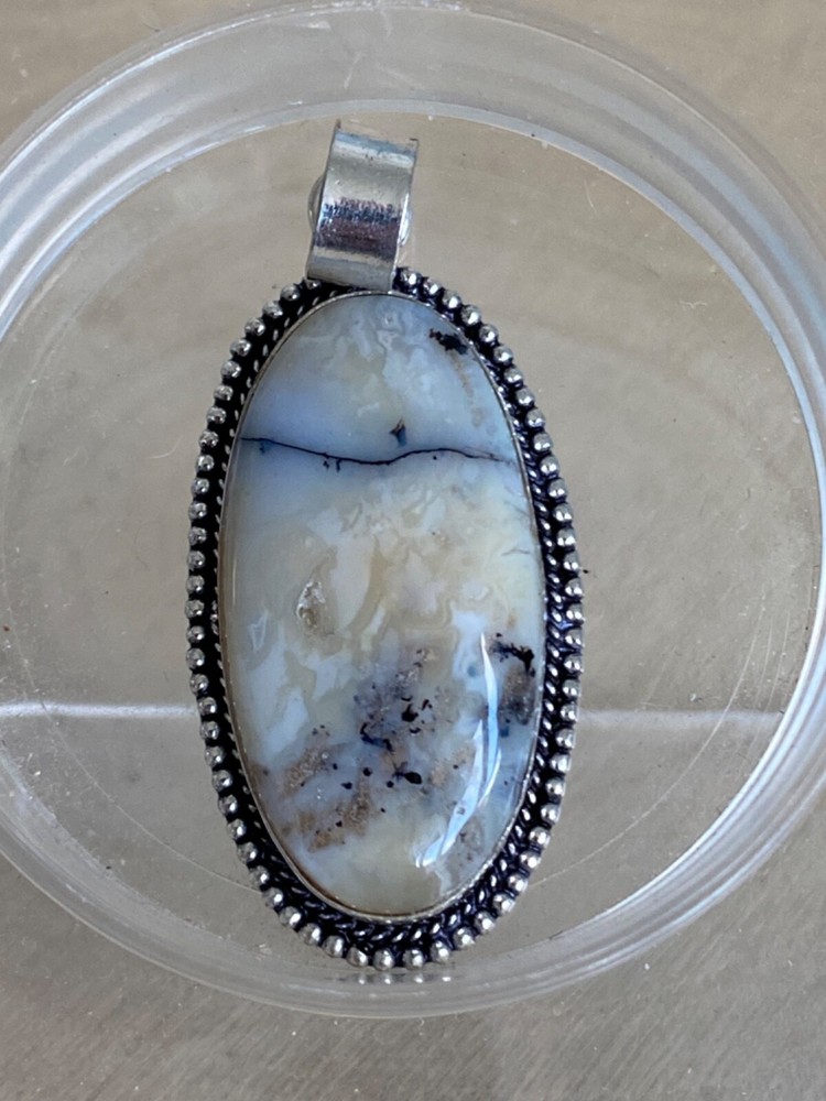 Dendrite Opal Gemstone Vintage Pendant Oblong Sterling Silver 925 Plated Boho
