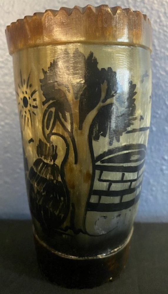 Vintage African Hand Carved Painted Glazed Wooden Horn Vase 5.5