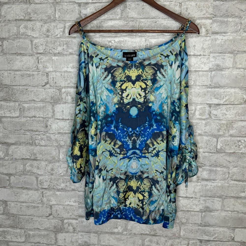 Lane Bryant Blouse Cold Shoulder Chain Strap Top Boho Blue Green Plus Size 18/20-image