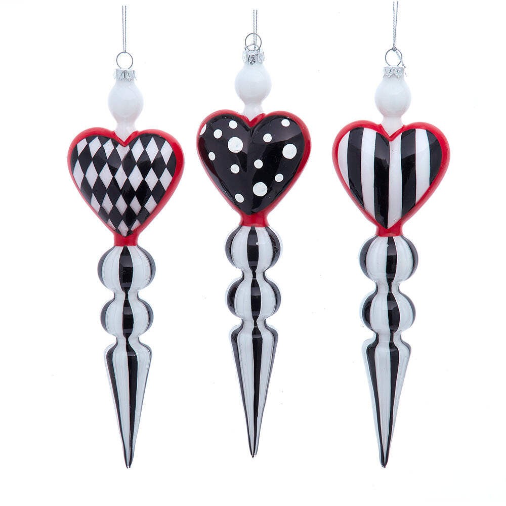 Black, White and Red Heart Capped Icicle Ornaments 9.75 inches Set of 3