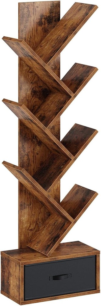 Rolanstar Bookshelf with Drawer, 7 Shelf Tree Bookshelf, 7 Tier, Rustic Brown