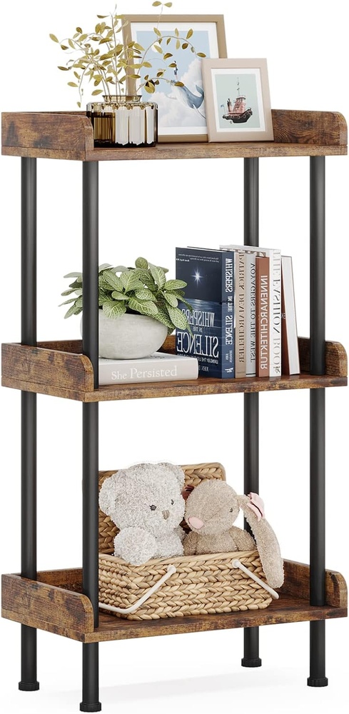 Bookshelf Small Book Shelf: 3-Tier Wood Bookcase Industrial Bookshelf Metal Stan