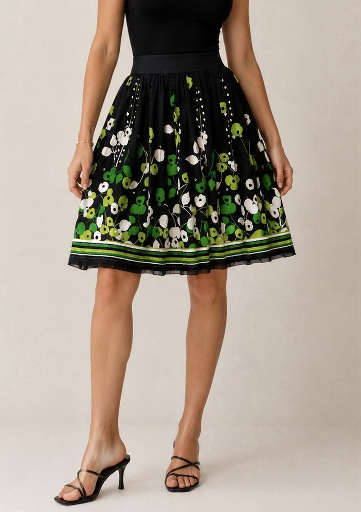 Mod Floral Skirt Fit Flare Retro Petite 12P Green Retro Lined
